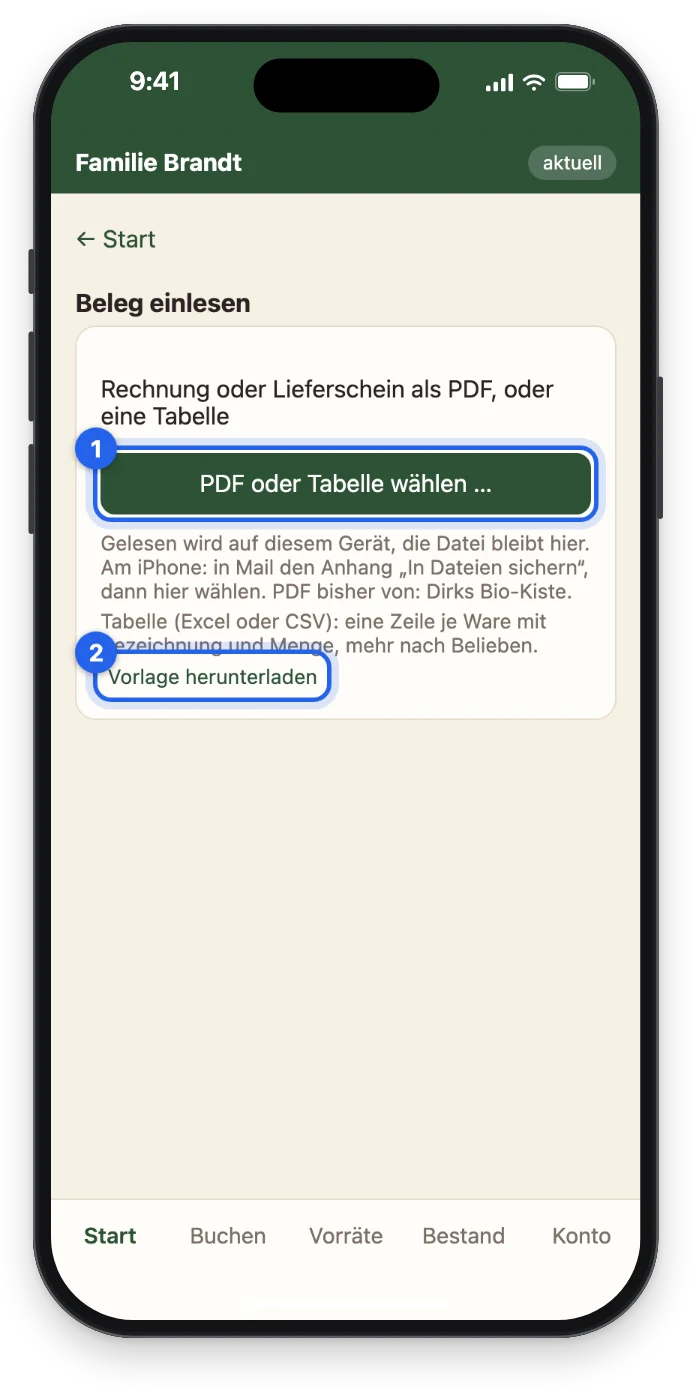 Beleg einlesen mit dem Feld für die Datei und Vorlage herunterladen