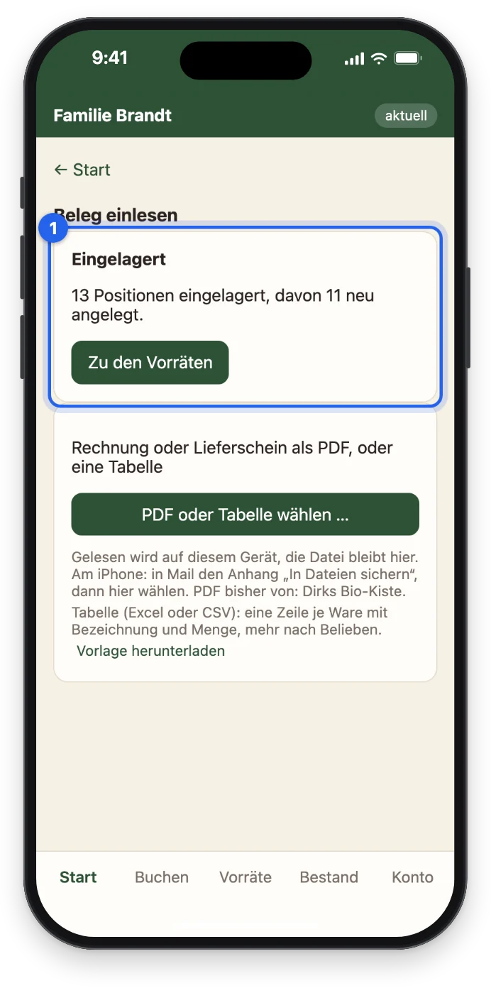 Eingelagert: 13 Positionen, davon 11 neu angelegt