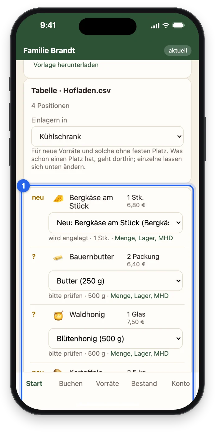 Die Tabelle Hofladen.csv mit vier Positionen