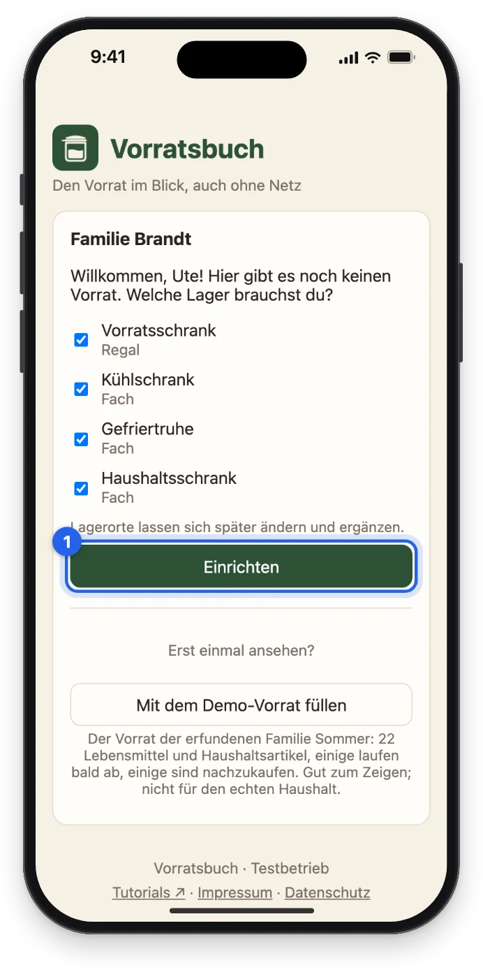Die Auswahl der vier Lager mit dem Knopf Einrichten