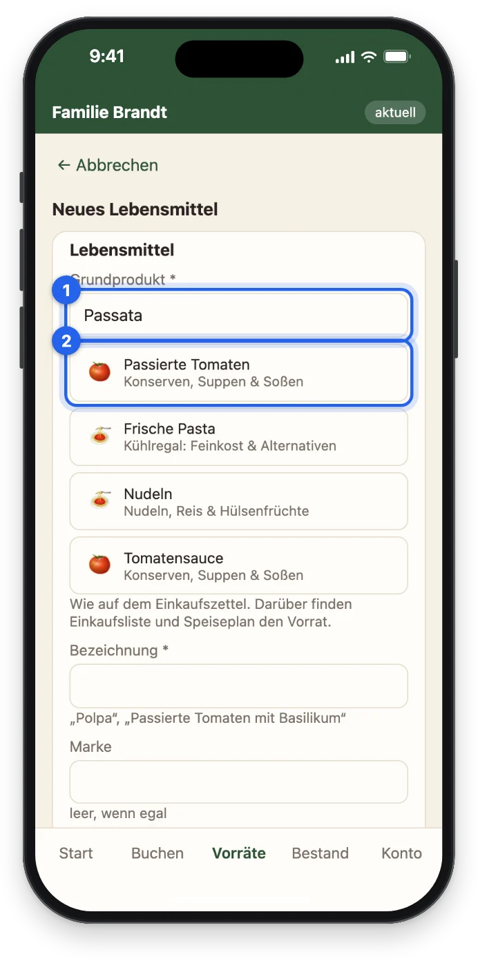 Die Suche nach dem Grundprodukt mit dem Vorschlag Passierte Tomaten