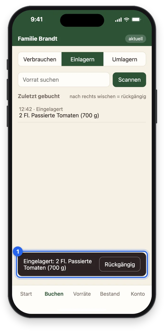Die Rückmeldung Eingelagert: 2 Fl. Passierte Tomaten mit dem Knopf Rückgängig