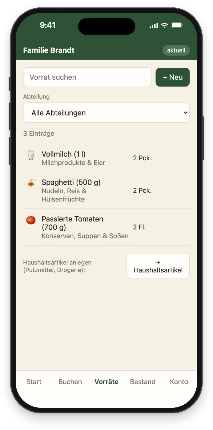 Die Liste Vorräte mit drei Einträgen