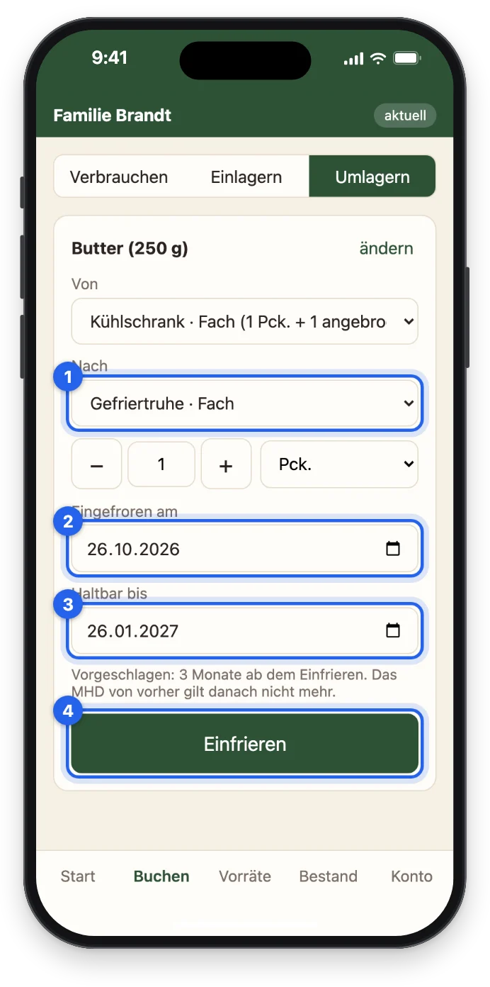 Einfrieren: nach Gefriertruhe, eingefroren am, haltbar bis und der Knopf Einfrieren