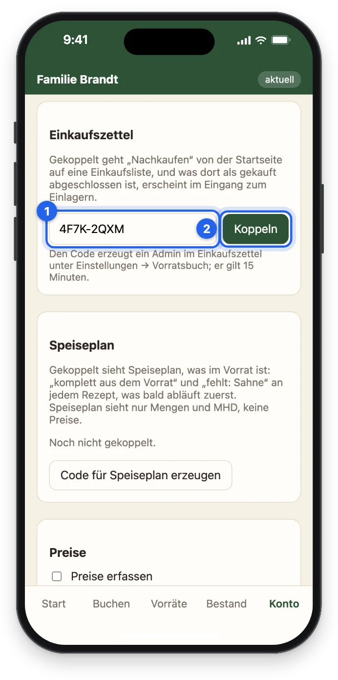 Der Abschnitt Einkaufszettel mit dem Code und dem Knopf Koppeln