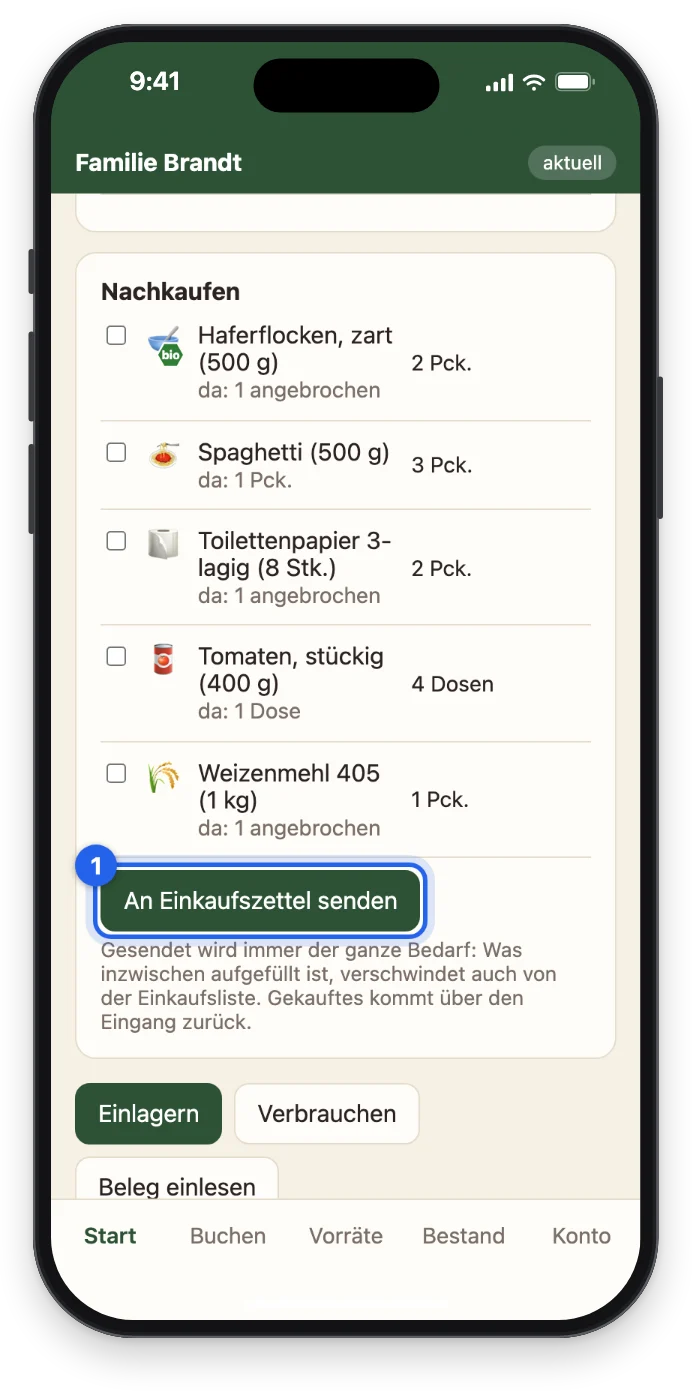 Die Nachkaufliste mit dem Knopf An Einkaufszettel senden