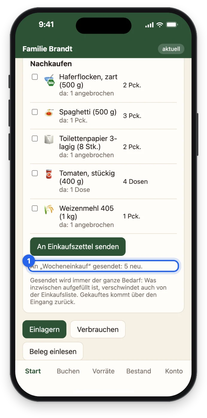 Die Rückmeldung: An Wocheneinkauf gesendet