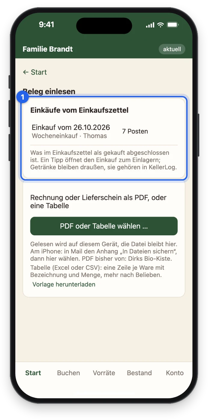 Einkäufe vom Einkaufszettel mit dem Einkauf von Thomas