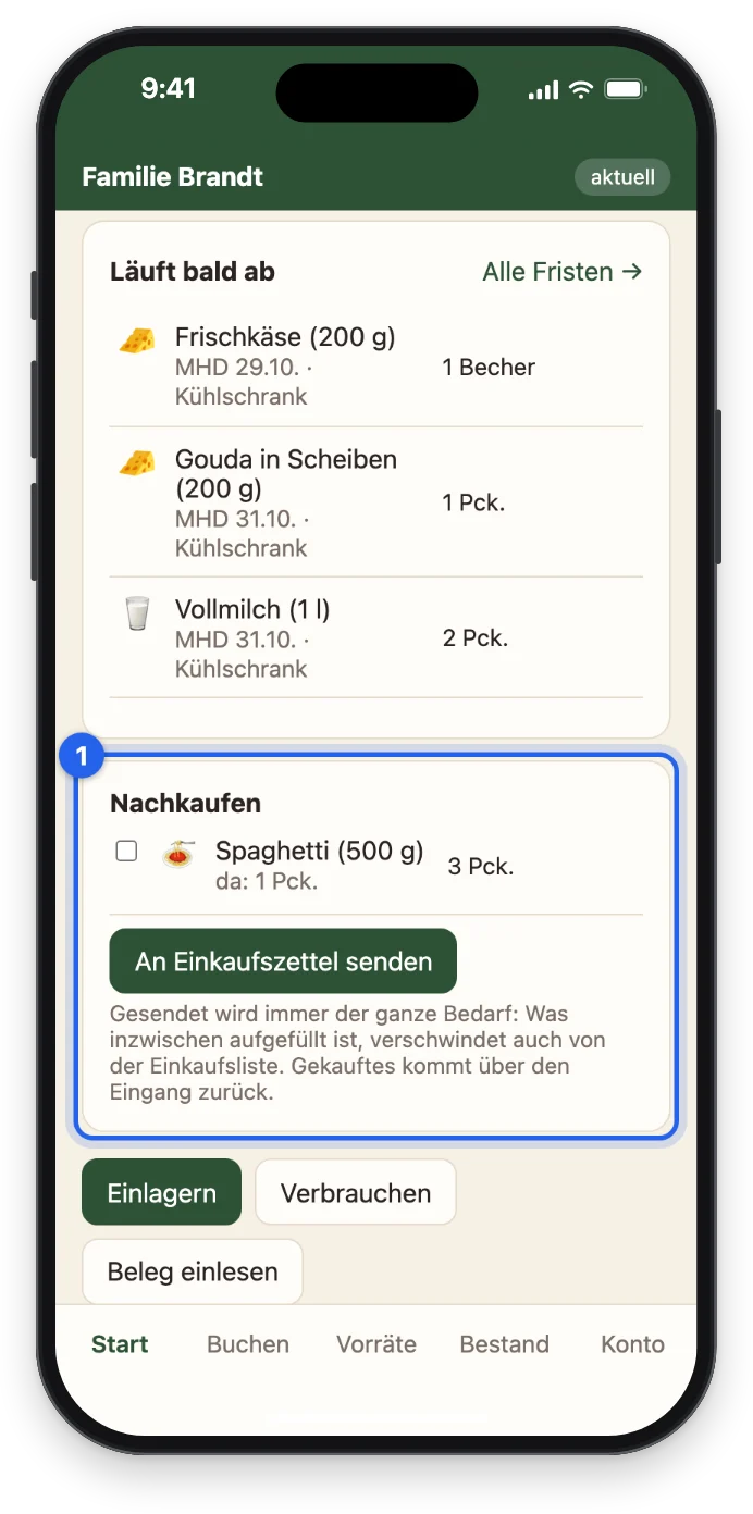 Nachkaufen: Nichts nachzukaufen, mit dem Knopf Einkaufszettel abgleichen